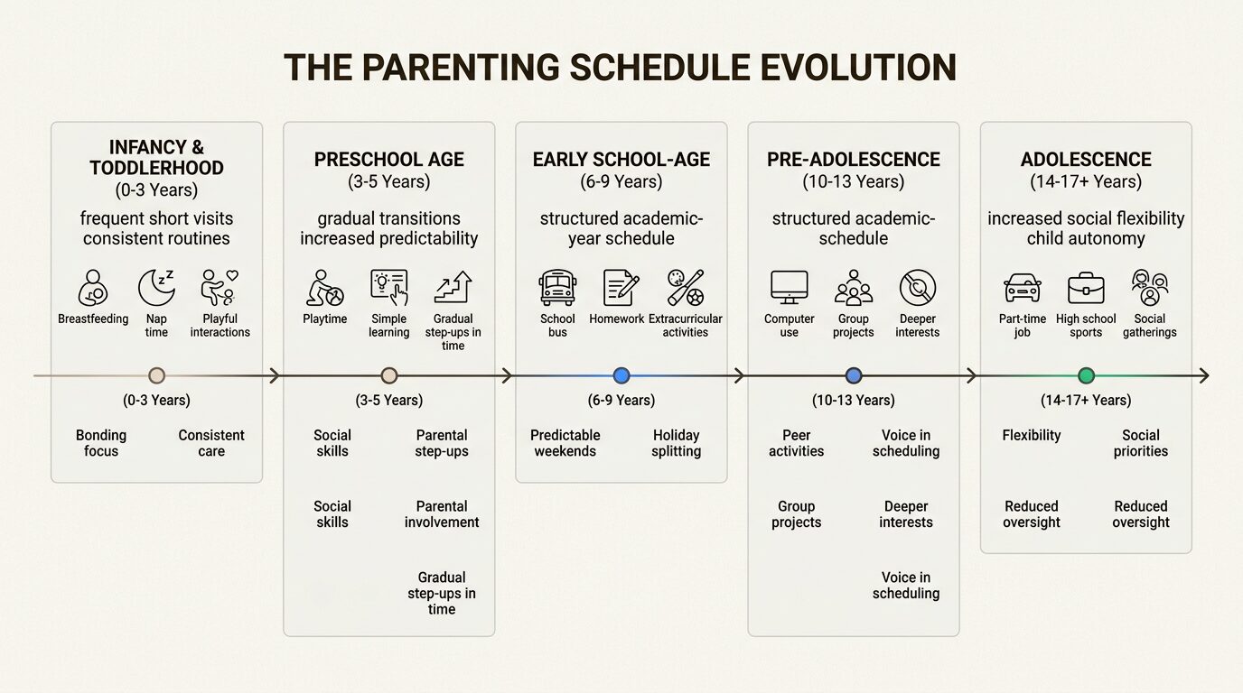 Parenting plans must remain dynamic, evolving from high-frequency contact for toddlers to flexible arrangements that respect a teenager's growing independence.
