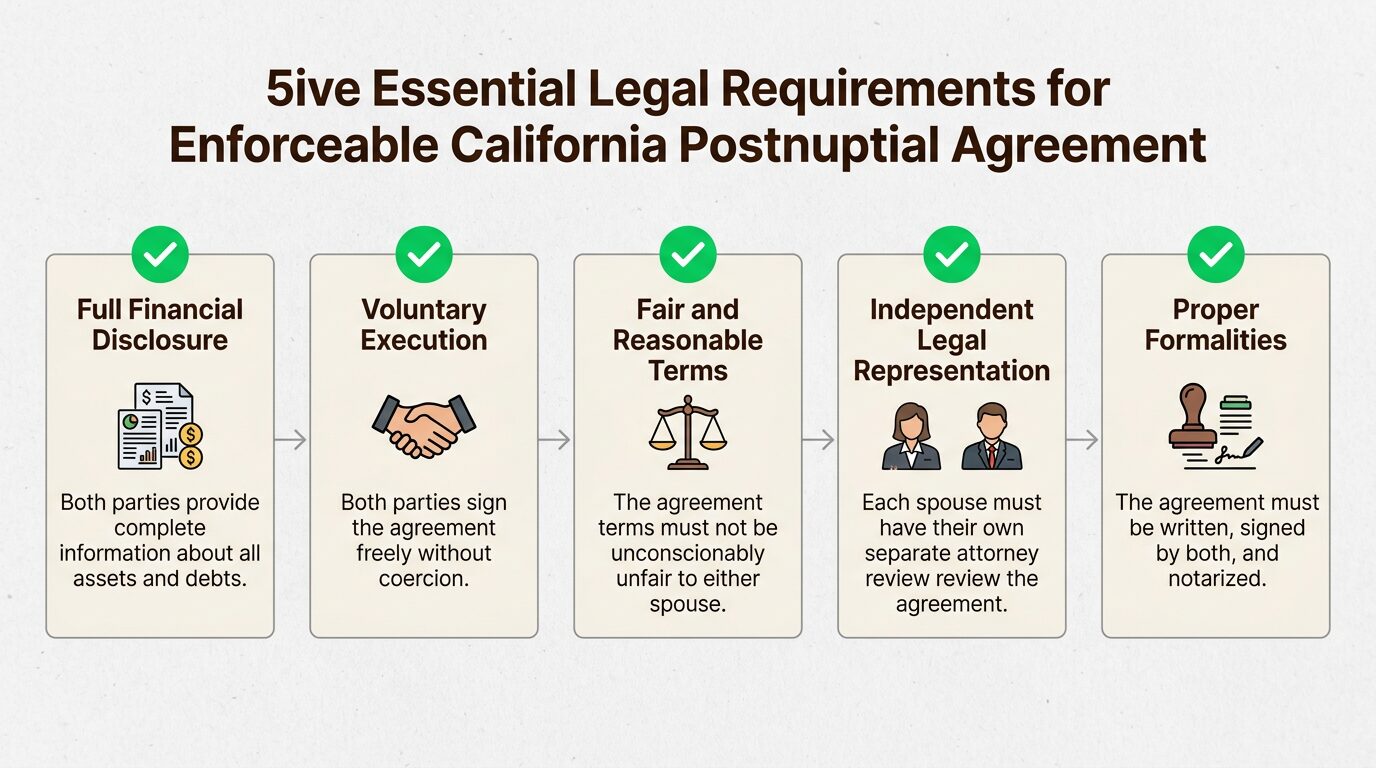 Meeting these five specific legal standards is necessary to ensure a postnuptial agreement survives judicial scrutiny in California.