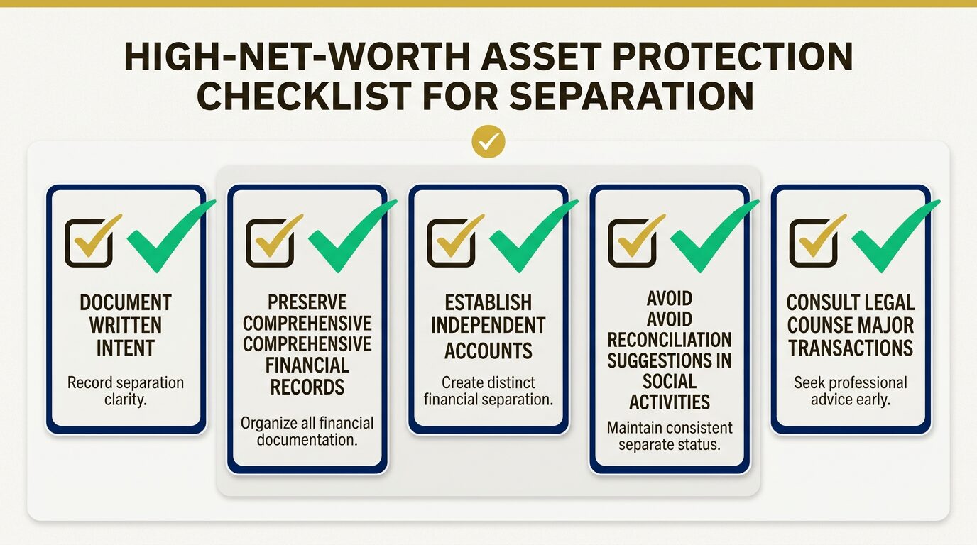 Taking proactive steps to document your separation protects your individual earnings and high-value assets from community claims.