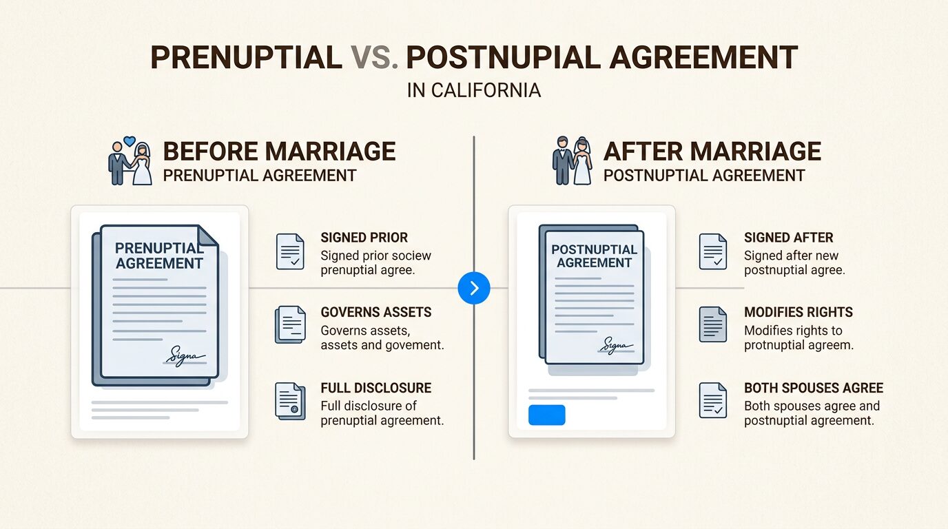 This timeline illustrates the critical distinction between pre-marriage and post-marriage agreements under California Family Code.