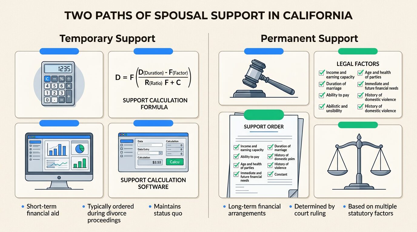 The two-tiered California spousal support system uses formulas for temporary support and judicial discretion for permanent support.