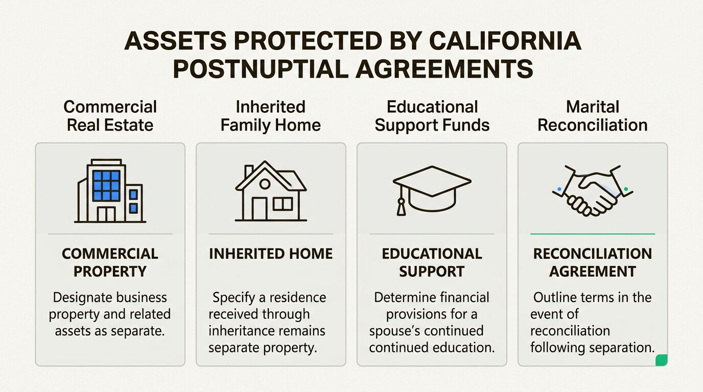 Postnuptial agreements allow couples to protect diverse assets like businesses and inheritances that evolve during the marriage.