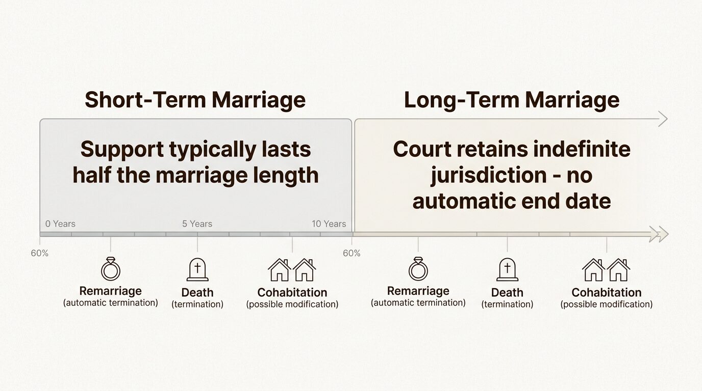 The 10-year marriage threshold fundamentally changes how California courts approach spousal support duration.